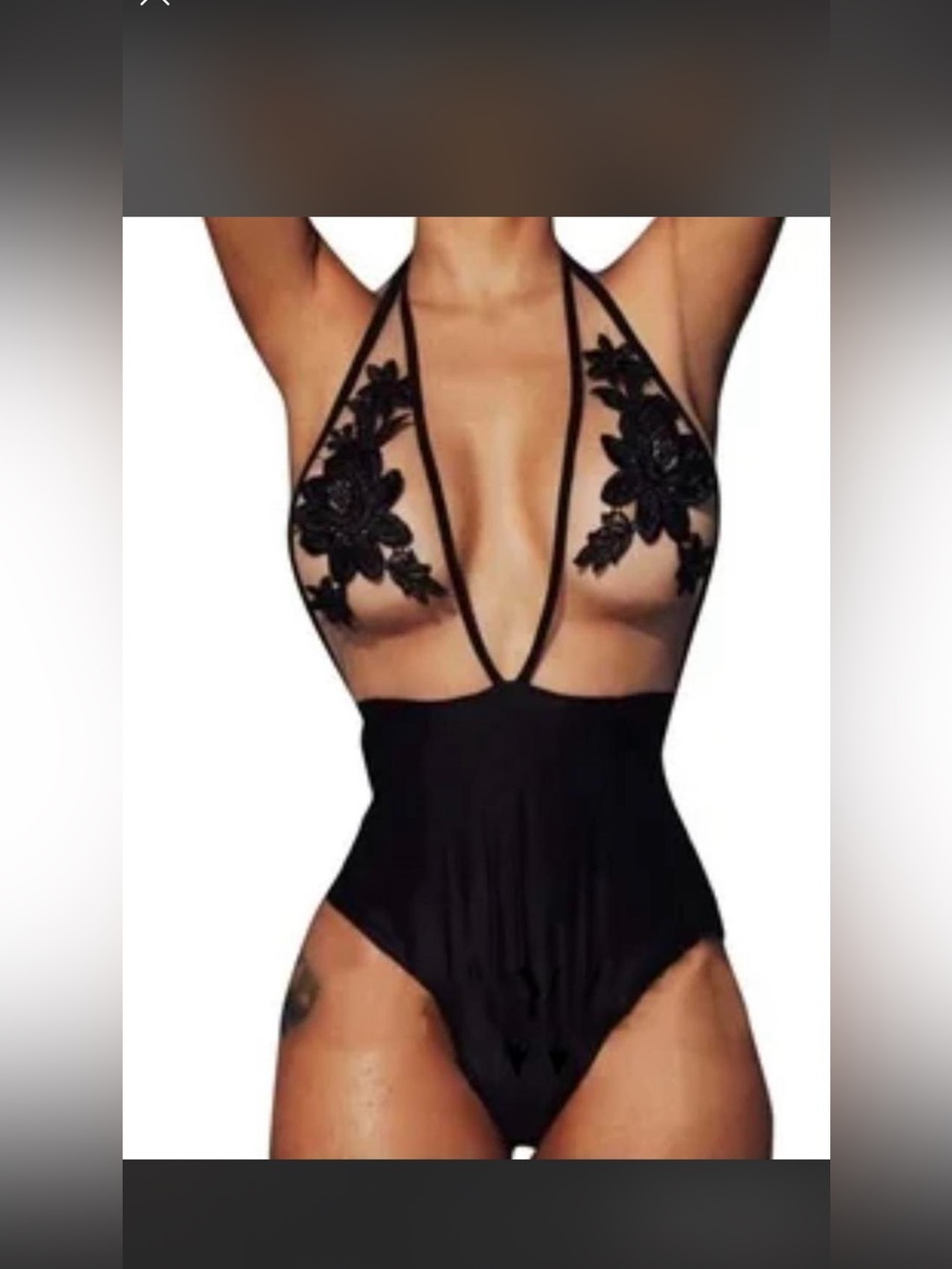 Black Floral Appliqué Deep V Bodysuit